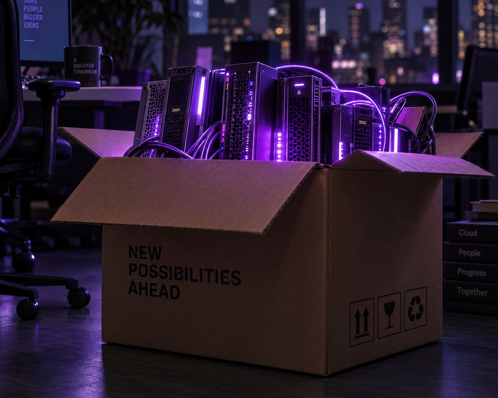 Umzugskarton voller Server mit violettem Licht: Ihre Website zieht kostenlos zu Netslim um