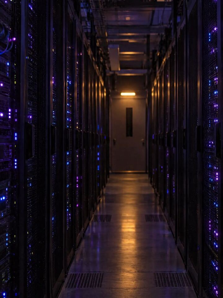 Gang in het datacenter: rijen serverkasten met blauwe en paarse lampjes