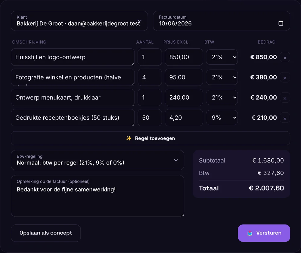 De factuur-editor: klant kiezen, regels met aantal, prijs en btw, live subtotaal en totaal