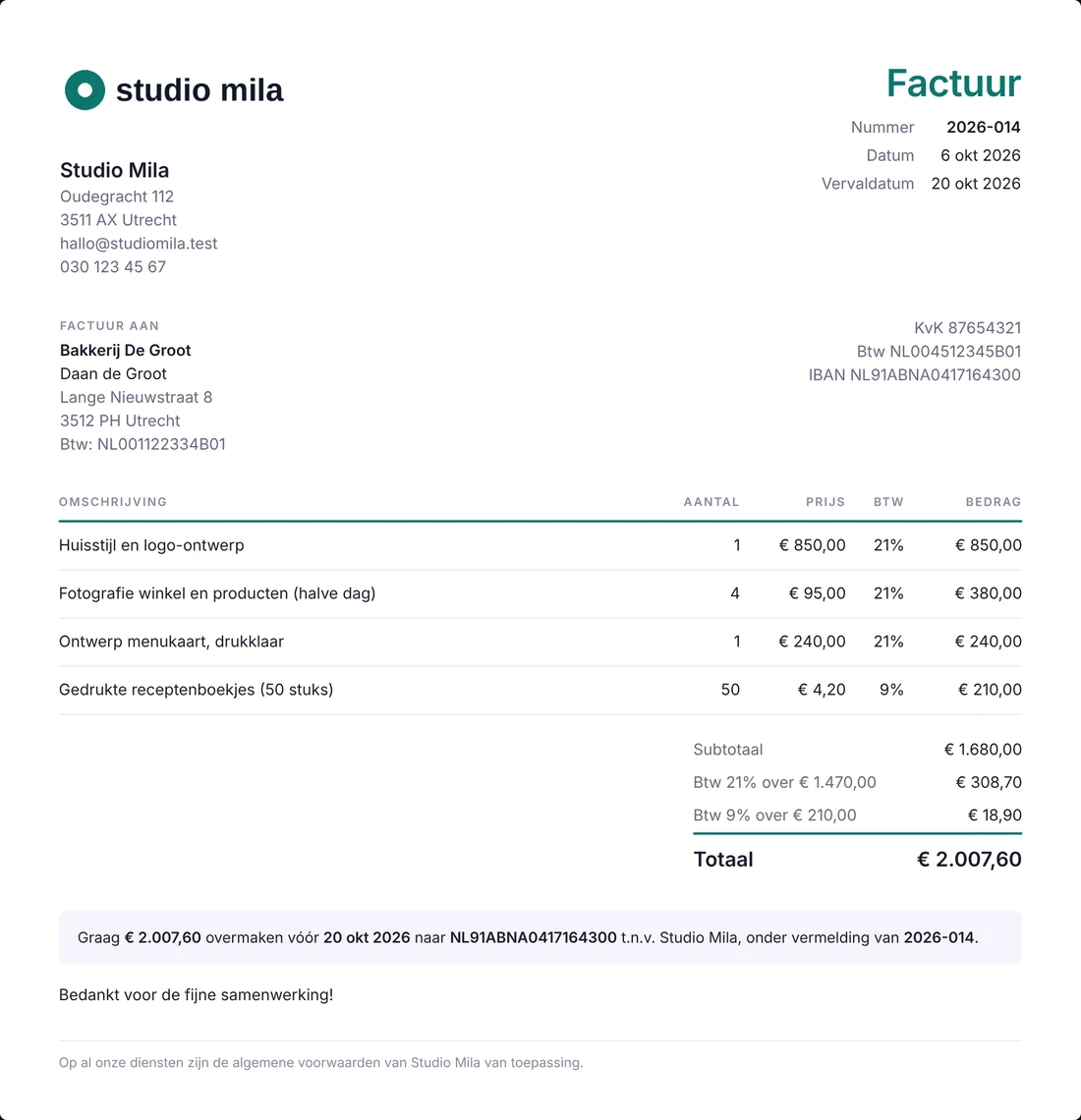 Voorbeeldfactuur van Studio Mila met logo, 21% en 9% btw en betaalinstructie