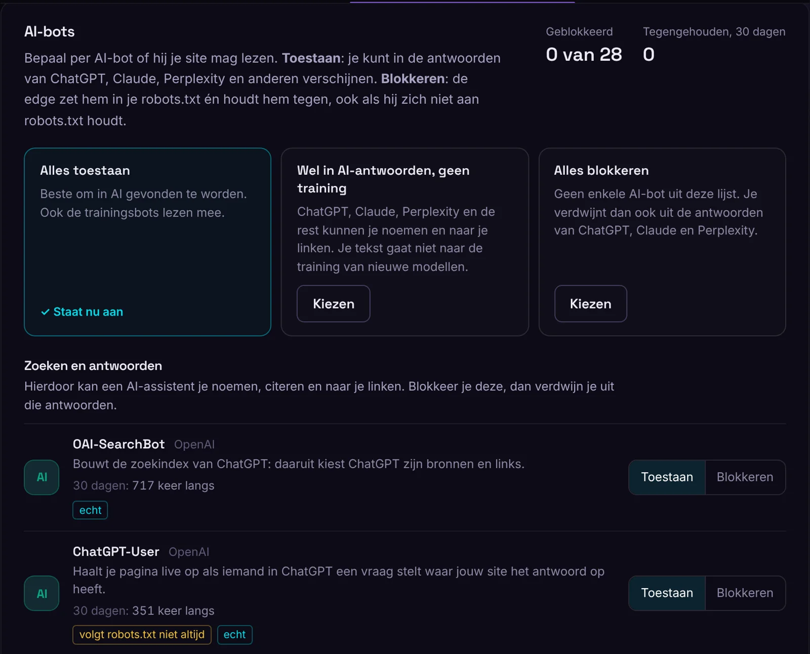 De drie snelkeuzes bovenaan AI-bots