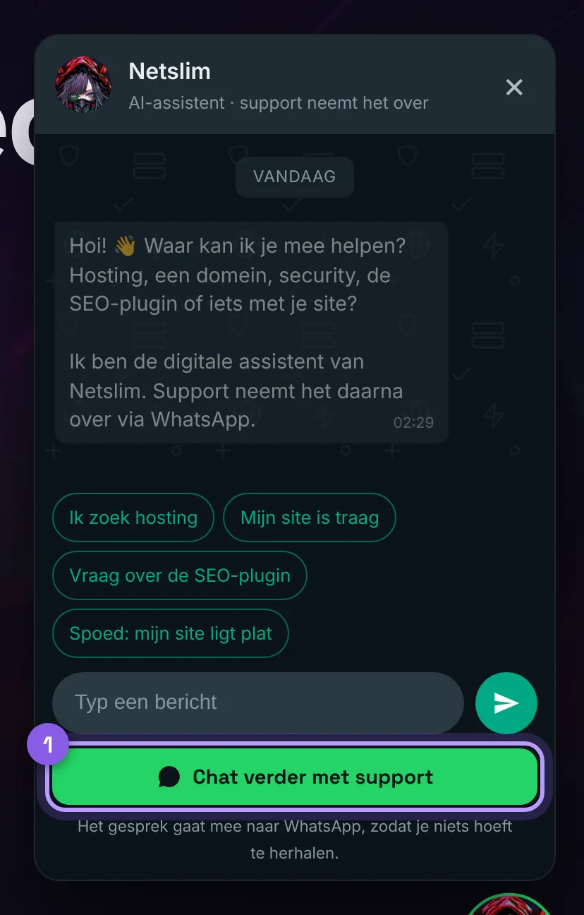 De chat op de website met de knop naar WhatsApp