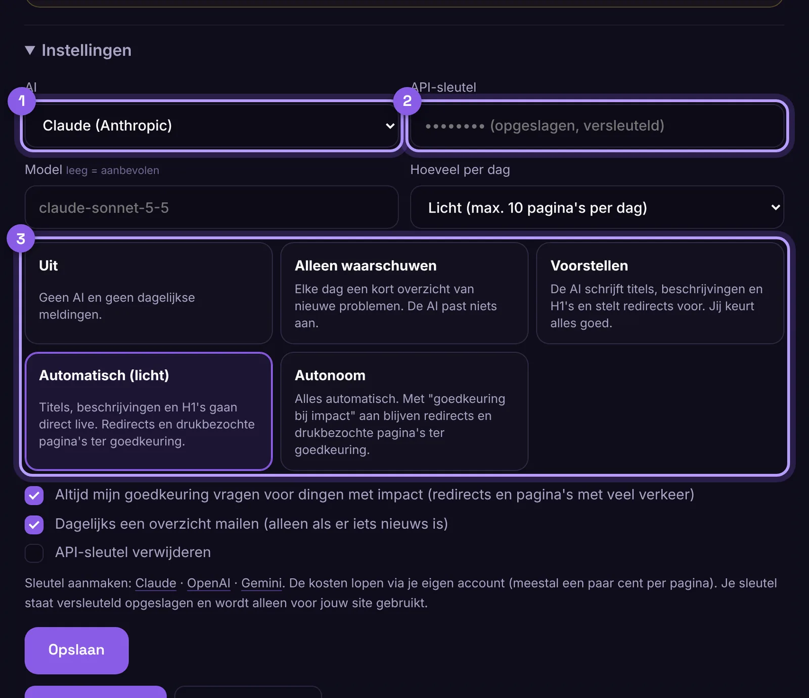 The SEO assistant settings