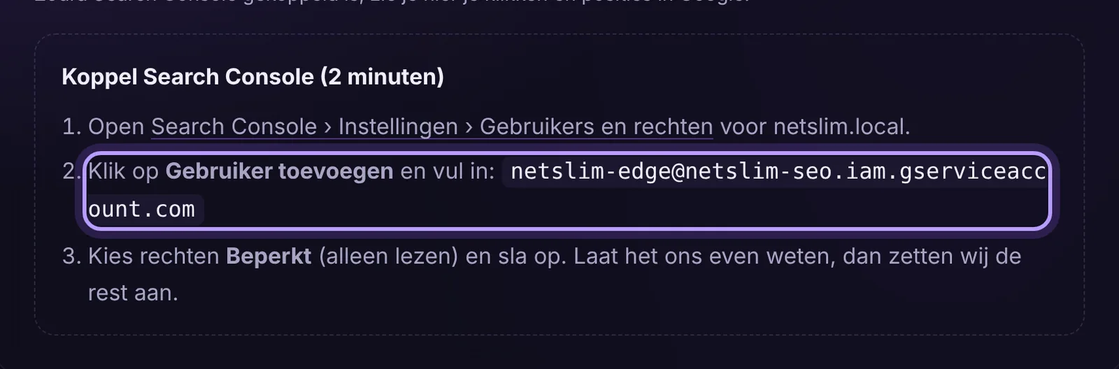 De koppelstappen voor Search Console in het klantportaal