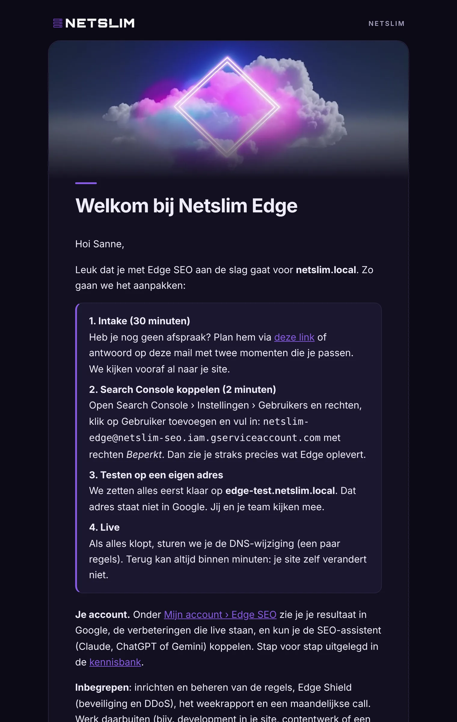 De welkomstmail van Edge SEO met de stappen