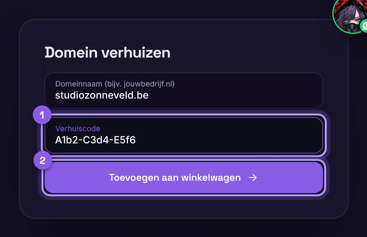 Het formulier om een domein te verhuizen