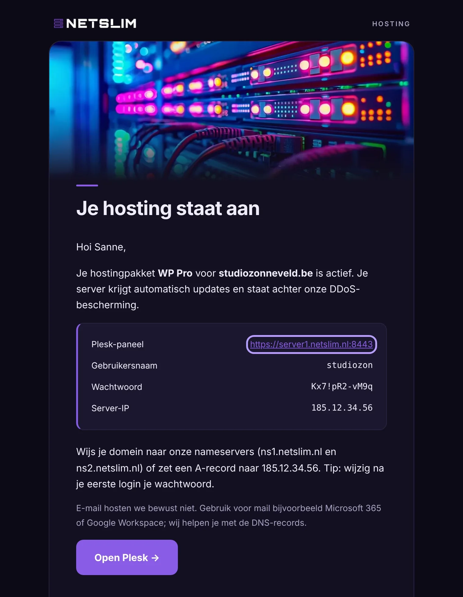 The welcome email with the login details for Plesk
