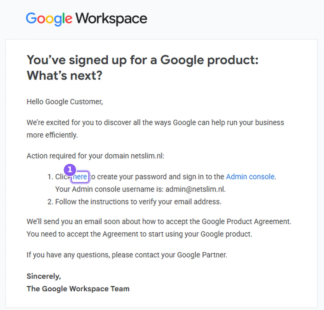 De mail van Google met de link om je wachtwoord te maken