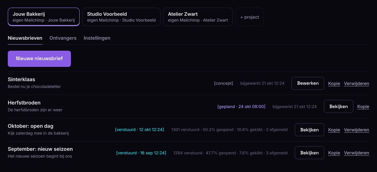 Screenshot of Mail Lava: Projects and newsletters