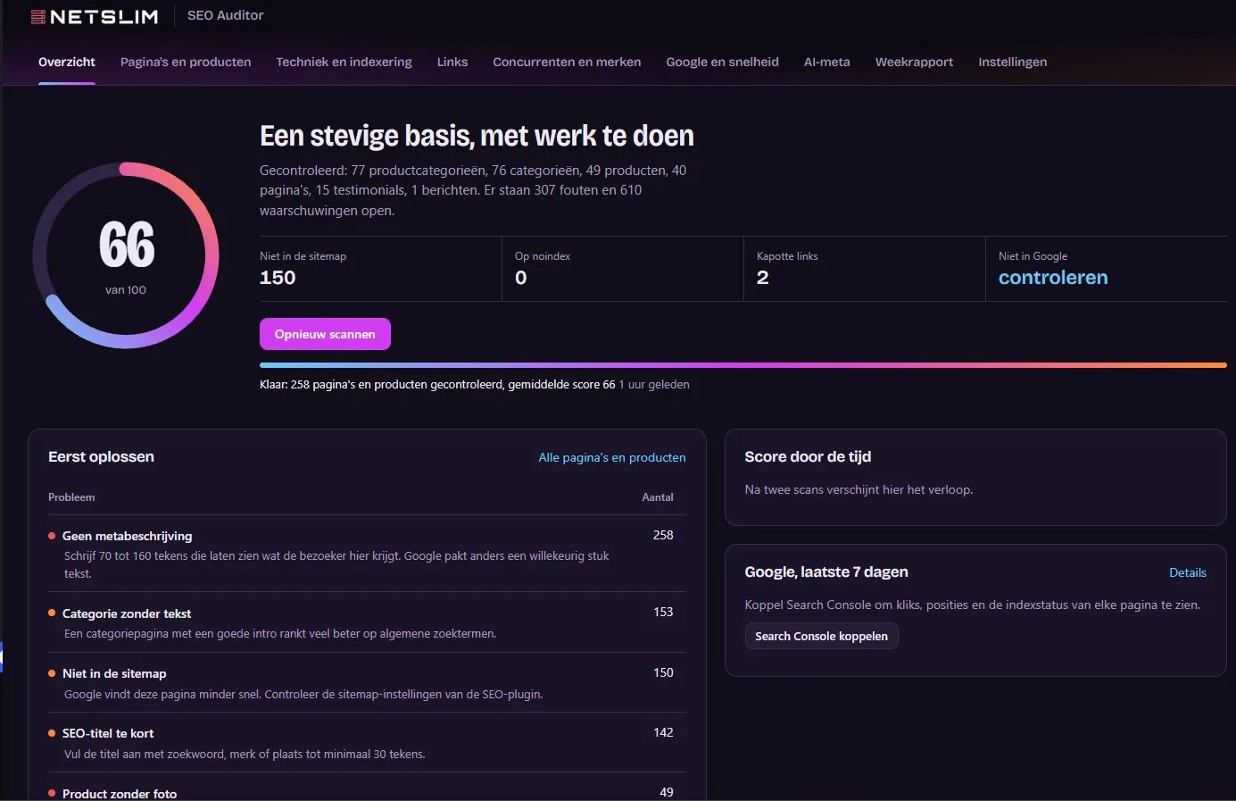 Dashboard van de Netslim SEO-plugin met een SEO-score en verbeterpunten
